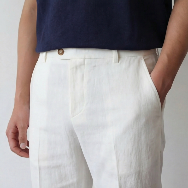 Men's Classic Fit Linen Summer Trousers - Straight-Leg Casual Dress Pants — White