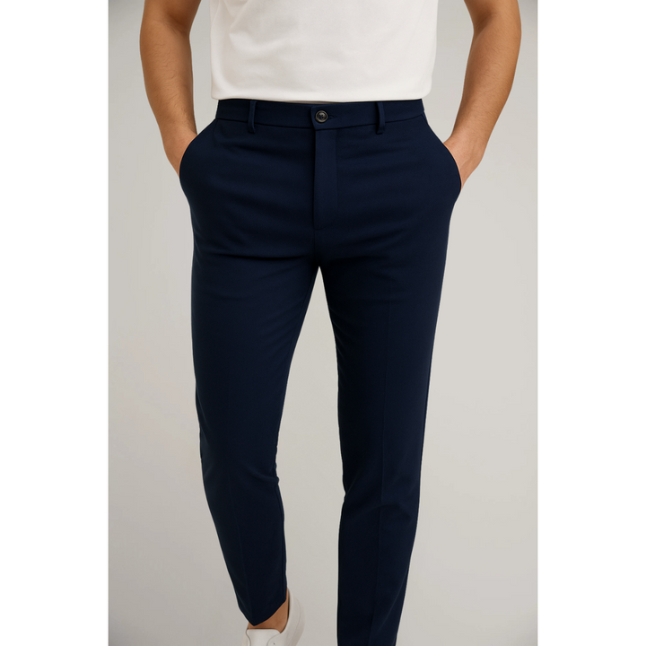 Men's Tailored Slim Leg Trousers with Sharp Crease - Smart Formal Office Trousers — Navy Blue