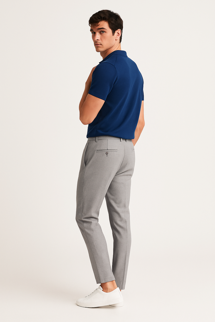 Men's Tailored Slim Leg Trousers with Sharp Crease - Smart Formal Office Trousers — Light Grey