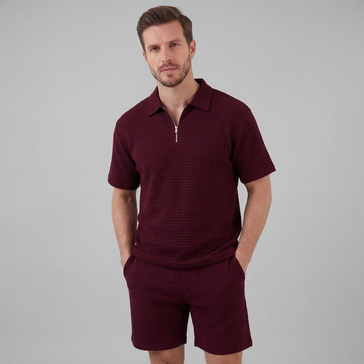Men's Waffle Knit Half-Zip Polo and Shorts Set - Relaxed Fit Summer Outfit — Burgundy