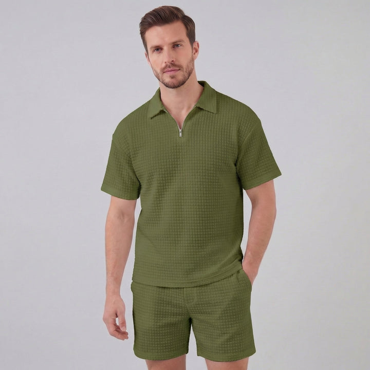 Men's Waffle Knit Half-Zip Polo and Shorts Set - Relaxed Fit Summer Outfit — Green