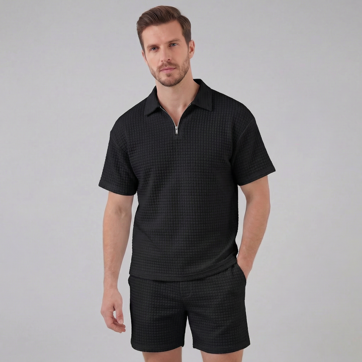 Men's Waffle Knit Half-Zip Polo and Shorts Set - Relaxed Fit Summer Outfit — Black