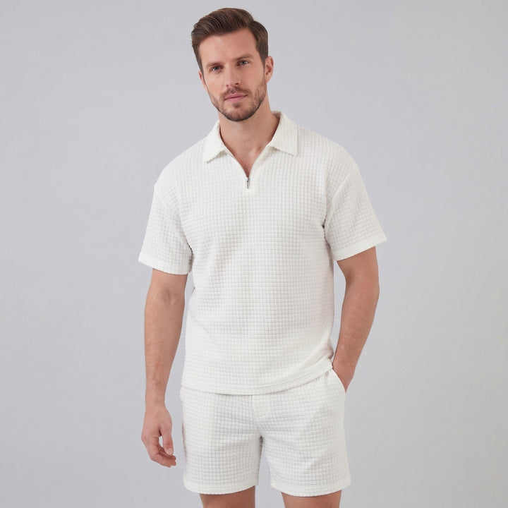 Men's Waffle Knit Half-Zip Polo and Shorts Set - Relaxed Fit Summer Outfit — White