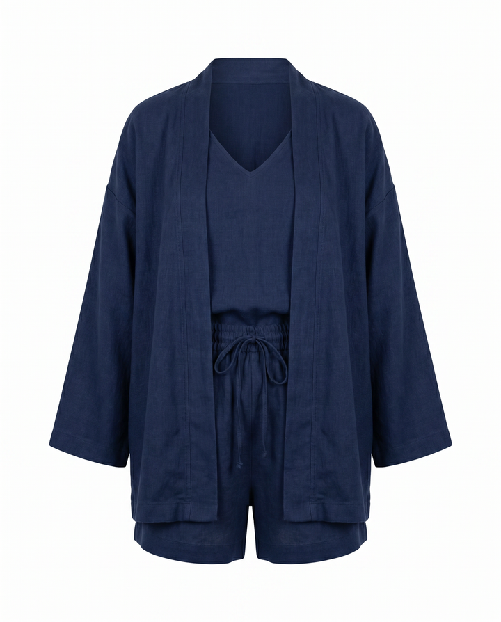 Claudia White Linen Three-Piece Co-ord Set — Navy Blue