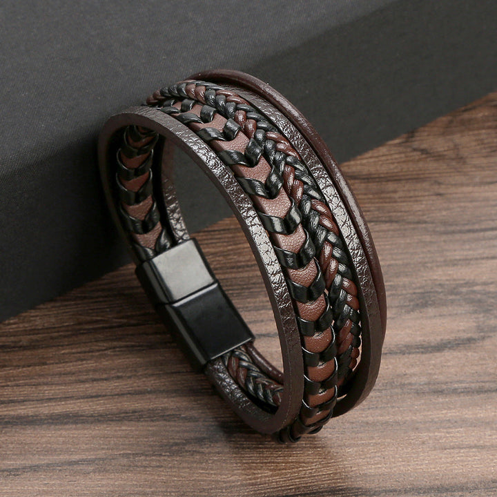 Men's Braided Leather Bracelet with Magnetic Clasp - Everyday Layering Accessory — Brown 19cm