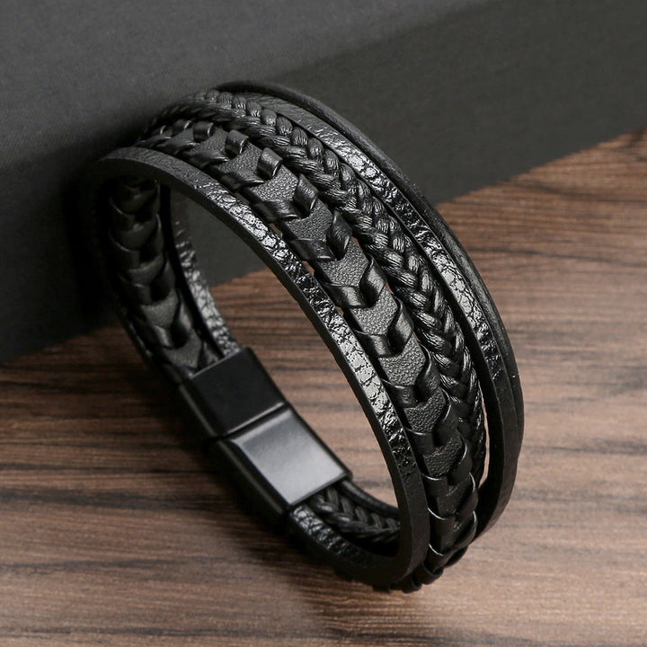 Men's Braided Leather Bracelet with Magnetic Clasp - Everyday Layering Accessory — Black 19cm
