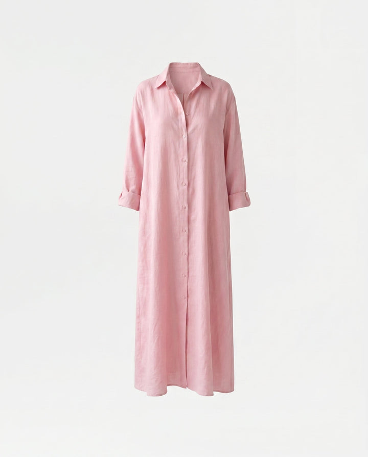 Agnes White Linen Maxi Shirt Dress — Pink
