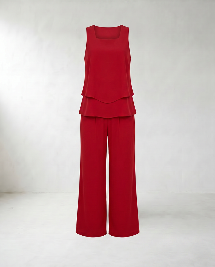 Abigail Leaf Print Wide-Leg Co-Ord Set — Red