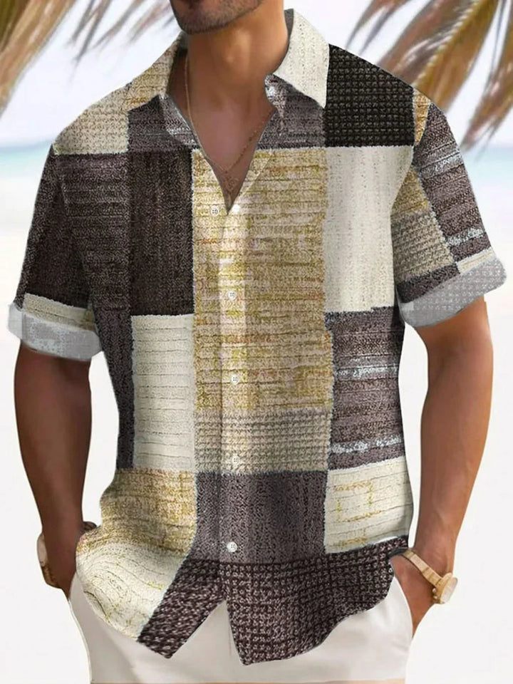Men's Linen Patchwork Shirt with Vintage Print - Relaxed Summer Casual Shirt — Brown