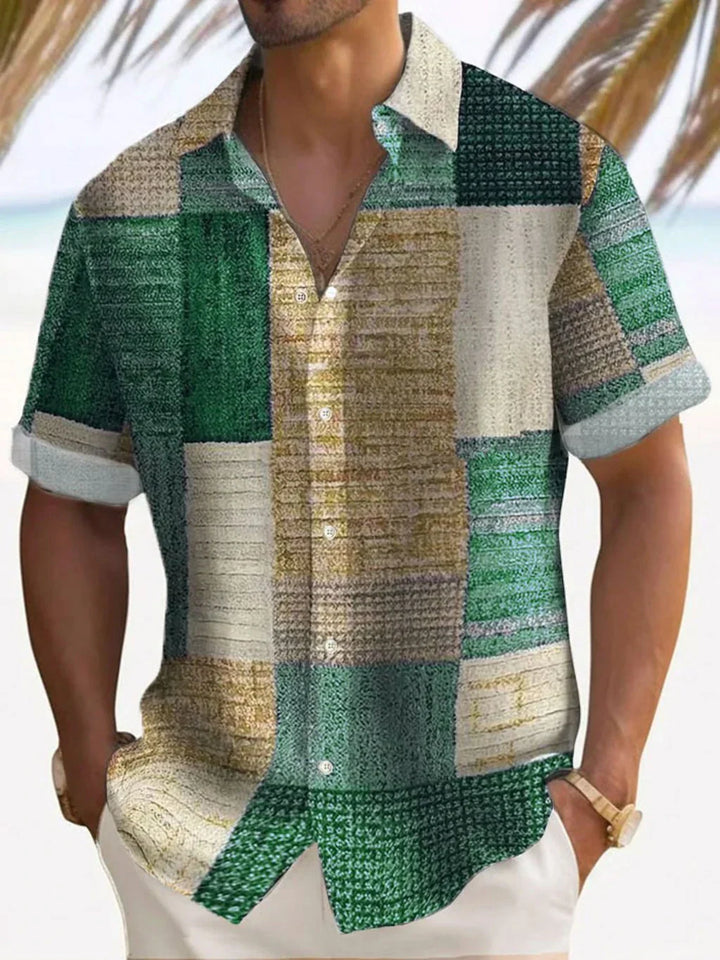 Men's Linen Patchwork Shirt with Vintage Print - Relaxed Summer Casual Shirt — Green