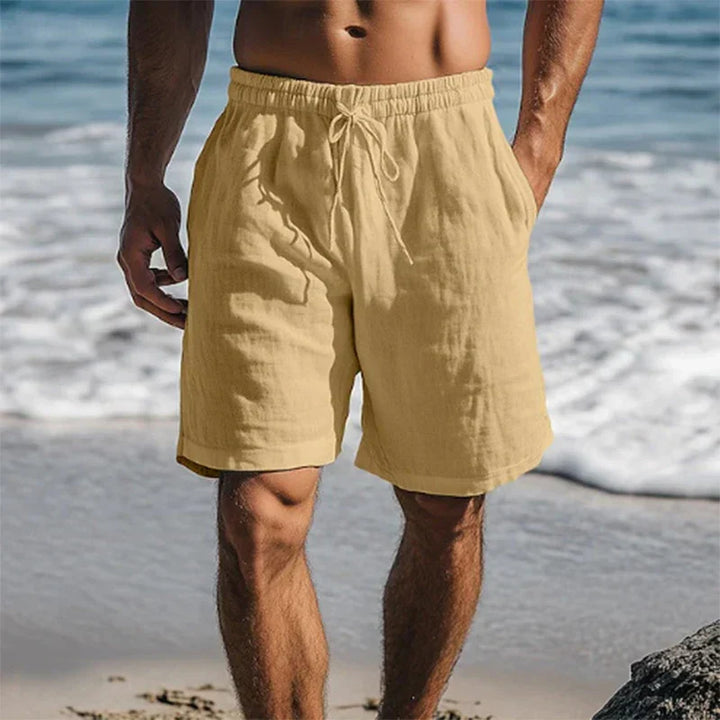 Men's Linen Quick-Dry Swim Shorts with Elastic Waist - Lightweight Summer Beachwear — Khaki