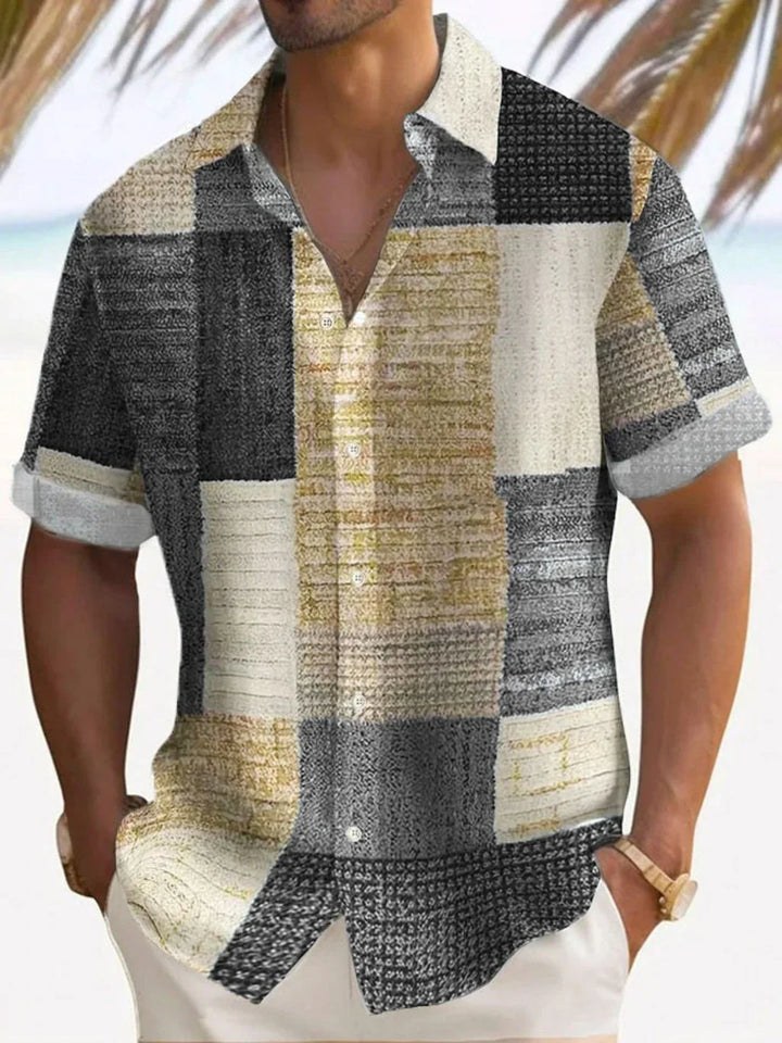 Men's Linen Patchwork Shirt with Vintage Print - Relaxed Summer Casual Shirt — Gray