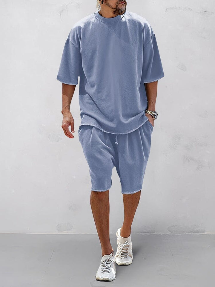 Men's Short Sleeve T-Shirt Set with Relaxed Fit - Casual Two-Piece Co-ord Outfit — Light Blue