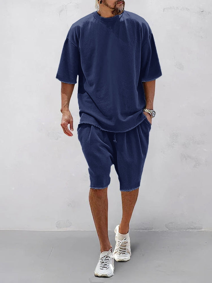 Men's Short Sleeve T-Shirt Set with Relaxed Fit - Casual Two-Piece Co-ord Outfit — Navy Blue