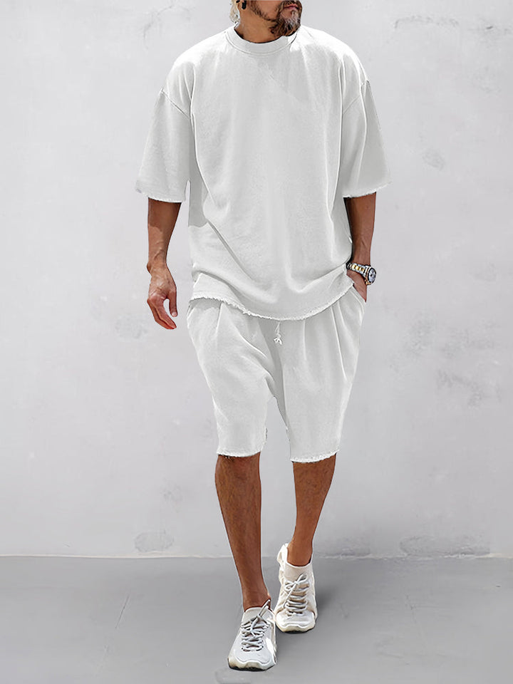 Men's Short Sleeve T-Shirt Set with Relaxed Fit - Casual Two-Piece Co-ord Outfit — White