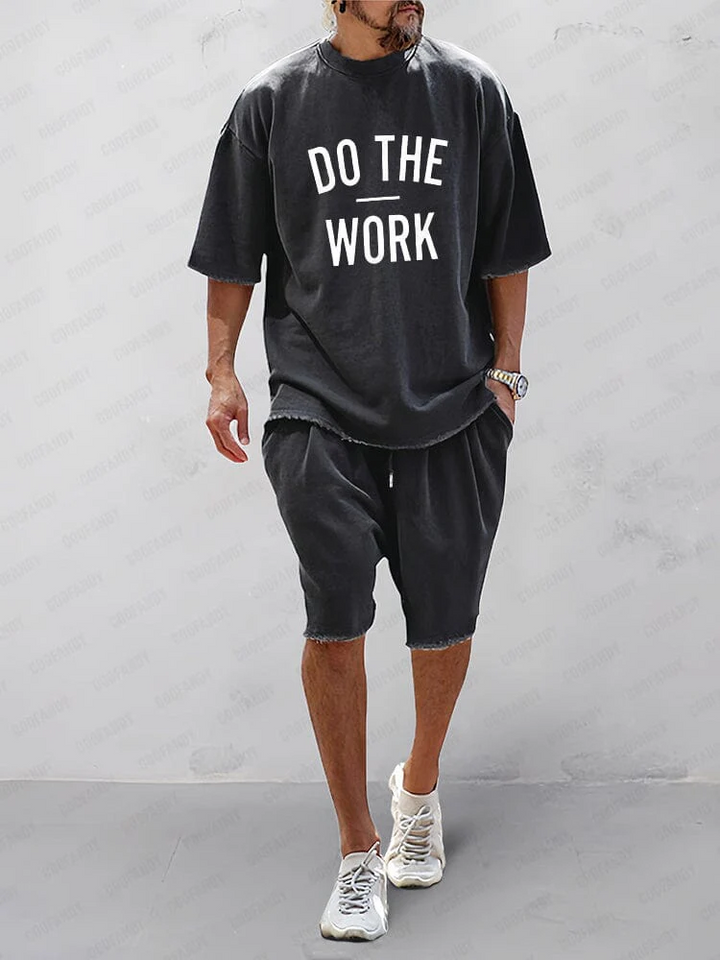 Men's Short Sleeve T-Shirt Set with Relaxed Fit - Casual Two-Piece Co-ord Outfit — Black Print