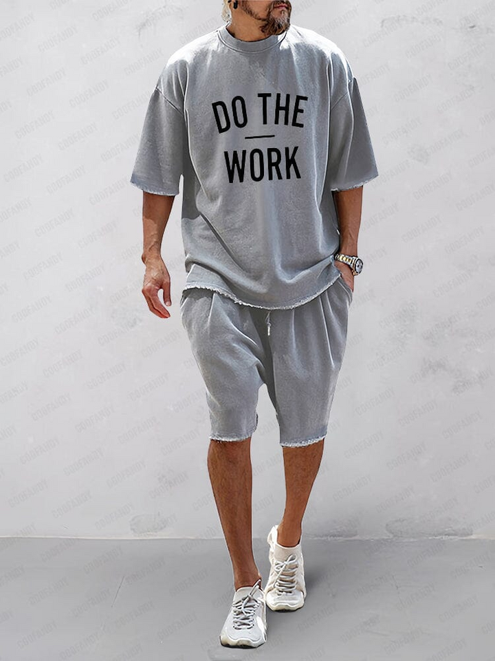 Men's Short Sleeve T-Shirt Set with Relaxed Fit - Casual Two-Piece Co-ord Outfit — Gray Print