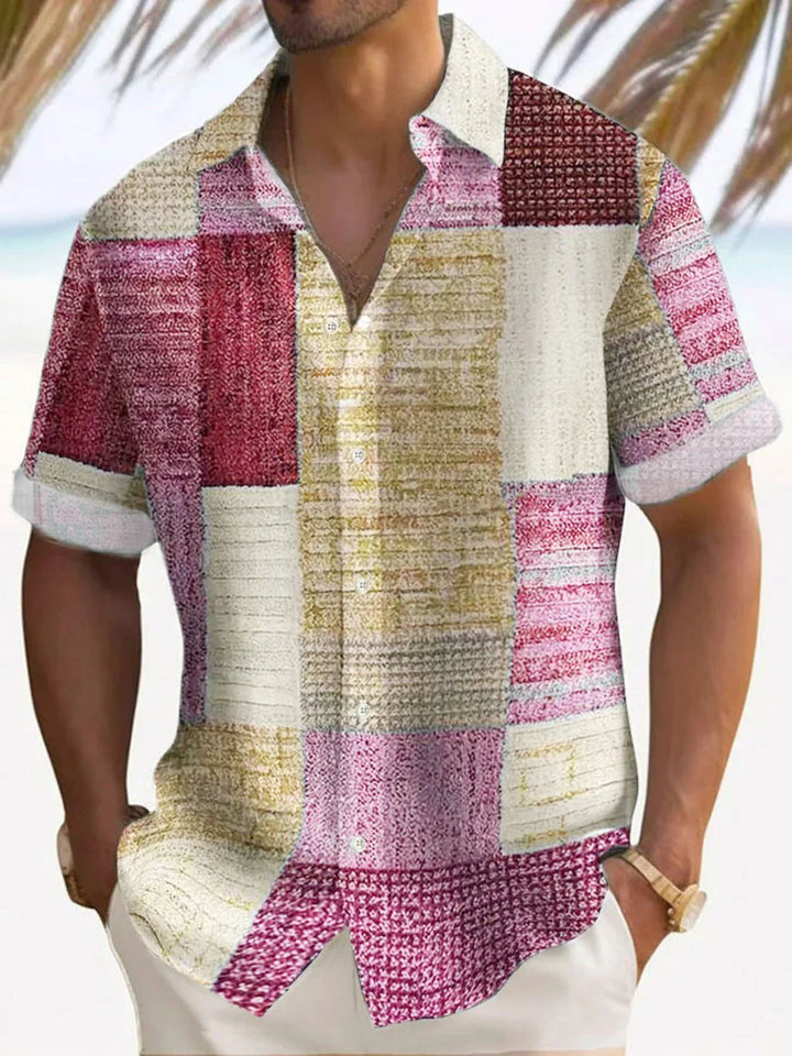 Men's Linen Patchwork Shirt with Vintage Print - Relaxed Summer Casual Shirt — Pink