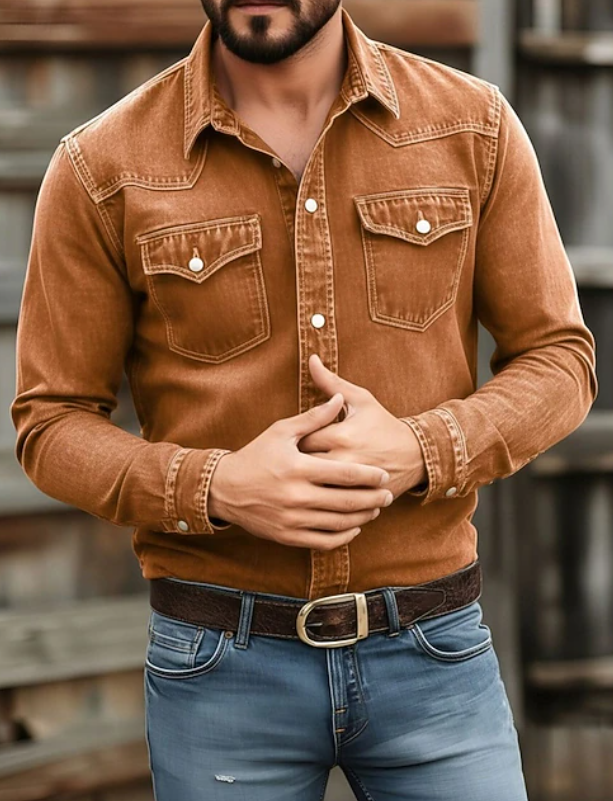Men's Classic Denim Button-Up Shirt with Long Sleeves - Smart Casual Wardrobe Staple — Brown