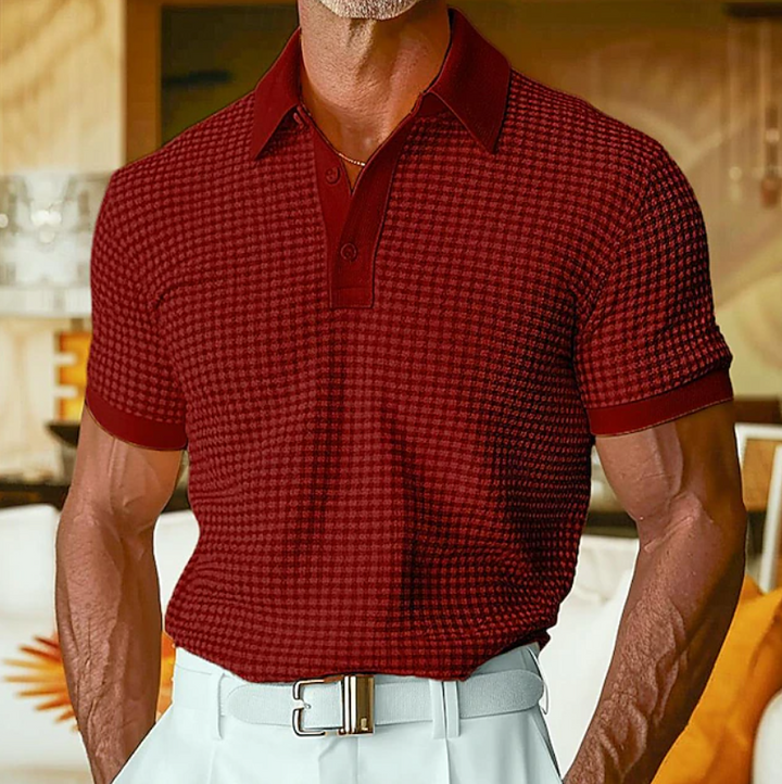 Men's Textured Waffle Knit Collared Shirt - Casual Style — Red