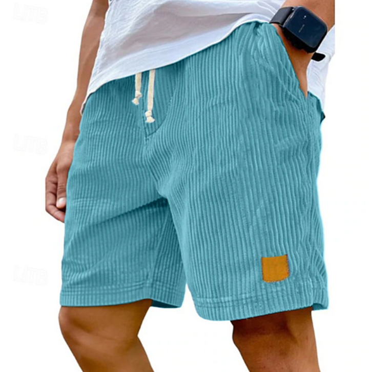 Men's Corduroy Shorts with Adjustable Lace-Up Waistband - Casual Autumn Staple — Blue