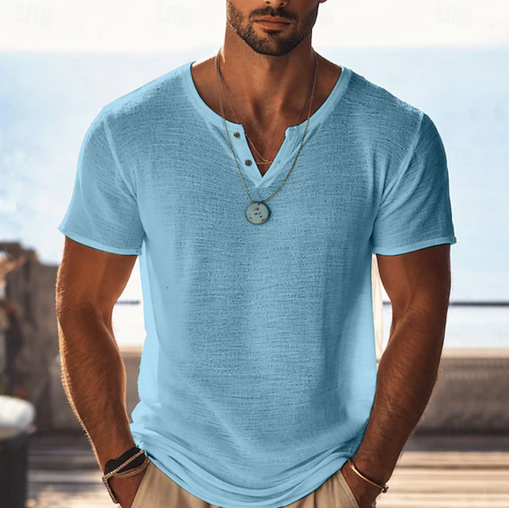 Men's Textured Linen Henley T-Shirt with V-Neck - Lightweight Summer Tee — Light Blue