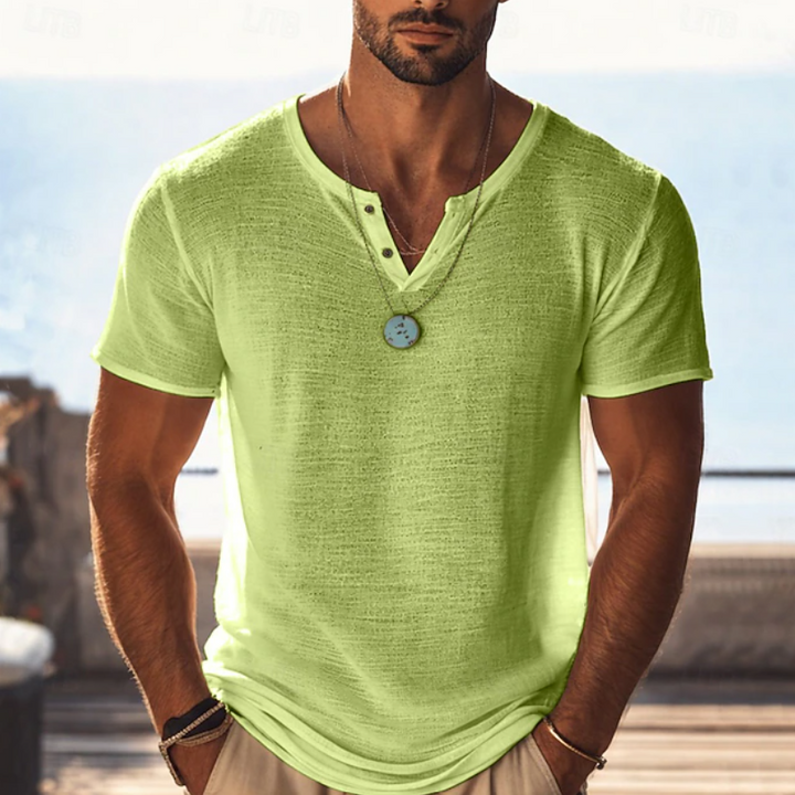 Men's Textured Linen Henley T-Shirt with V-Neck - Lightweight Summer Tee — Yellow Green