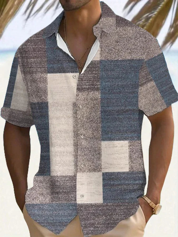 Men's Linen Patchwork Shirt with Vintage Print - Relaxed Summer Casual Shirt — Gray 2