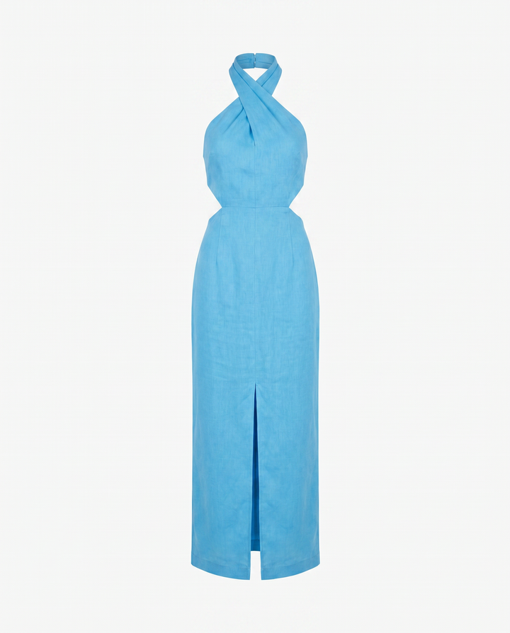Adele Halter Neck Linen Maxi Dress — Sky Blue
