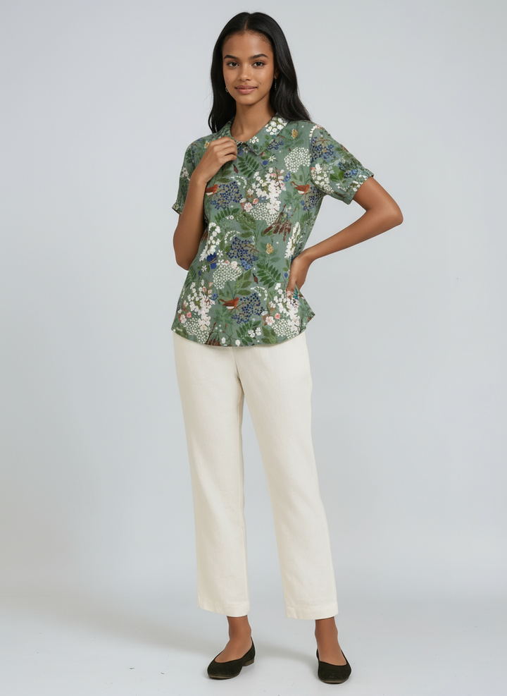 Colombe Floral Print Peter Pan Collar Blouse — Green 3