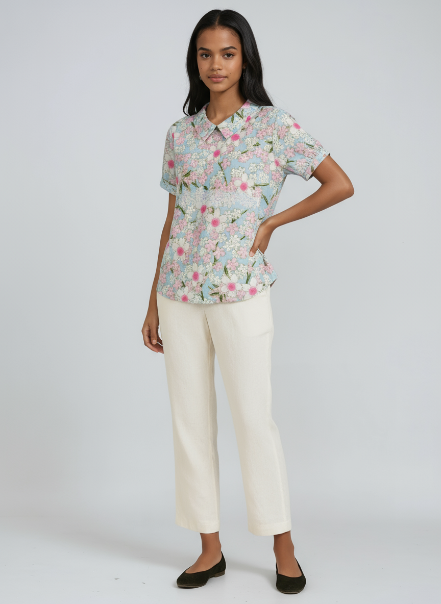 Bluse Damen mit Blumen-Print und Peter-Pan-Kragen – Colombe
