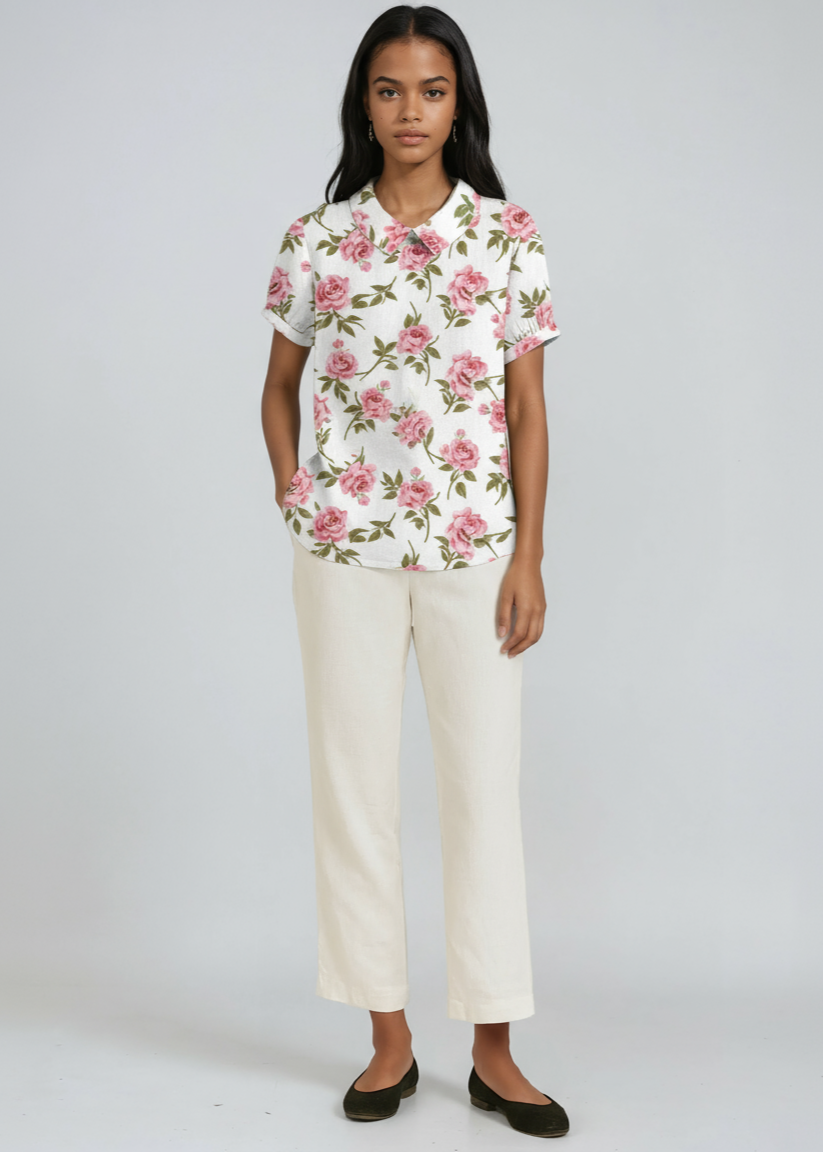 Bluse Damen mit Blumen-Print und Peter-Pan-Kragen – Colombe