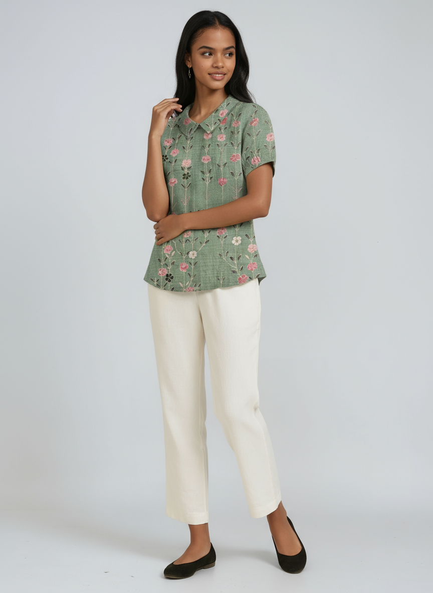 Bluse Damen mit Blumen-Print und Peter-Pan-Kragen – Colombe