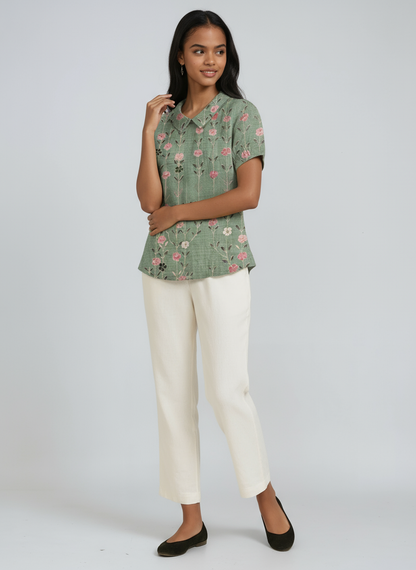 Bluse Damen mit Blumen-Print und Peter-Pan-Kragen – Colombe
