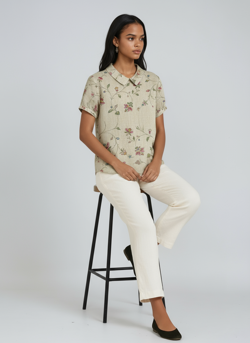 Bluse Damen mit Blumen-Print und Peter-Pan-Kragen – Colombe