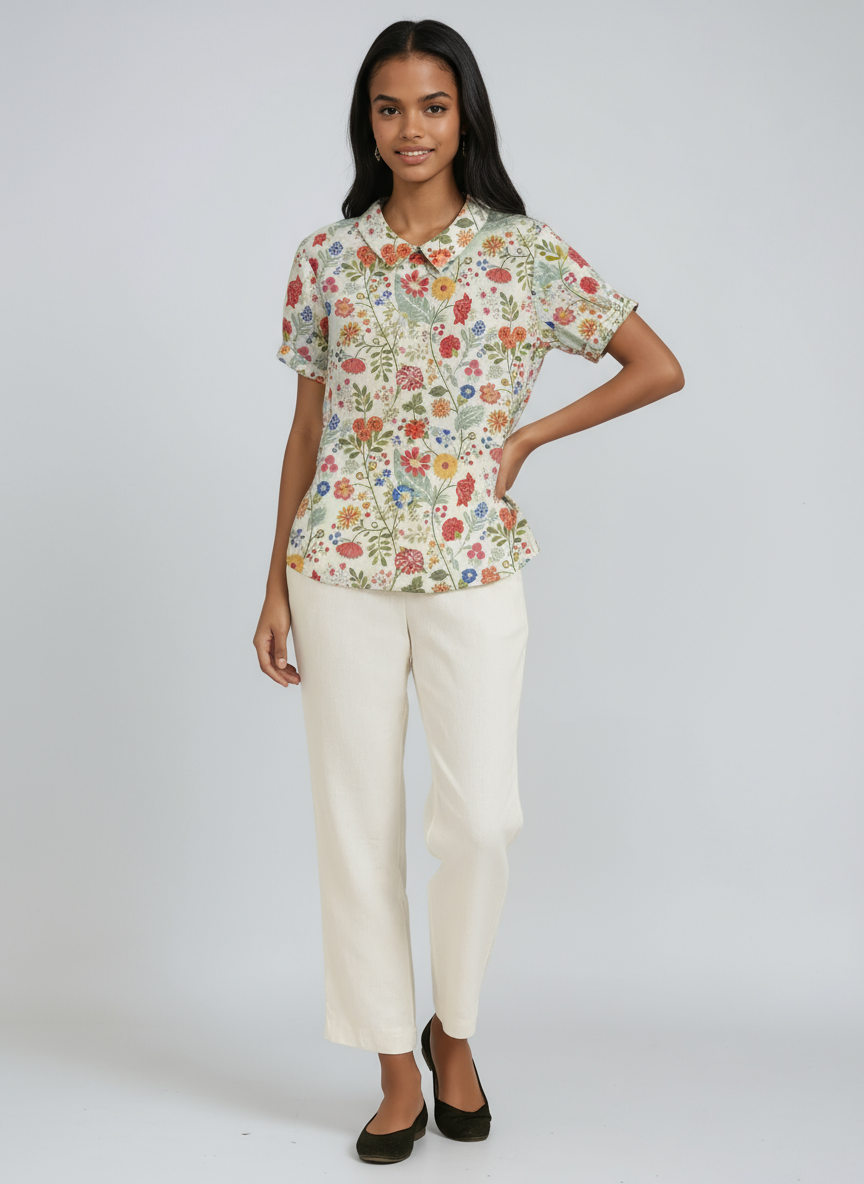 Bluse Damen mit Blumen-Print und Peter-Pan-Kragen – Colombe
