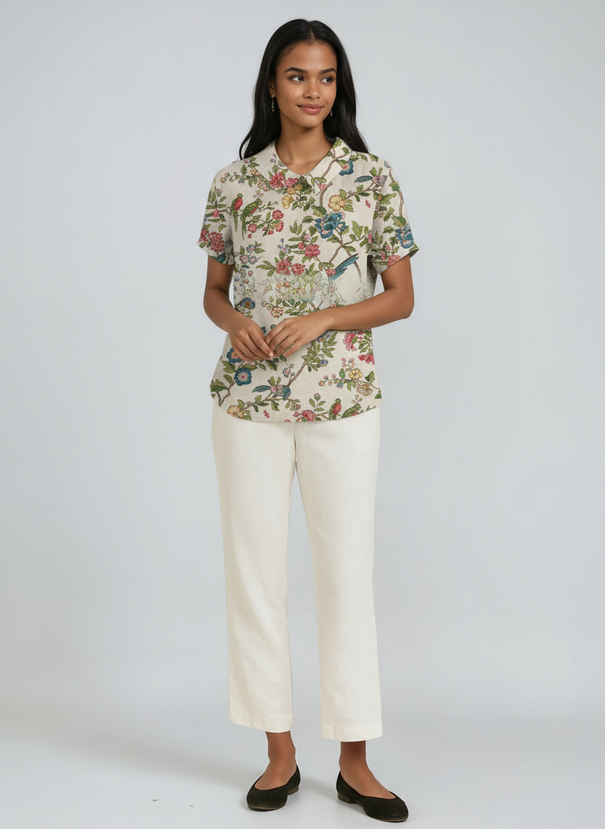 Bluse Damen mit Blumen-Print und Peter-Pan-Kragen – Colombe