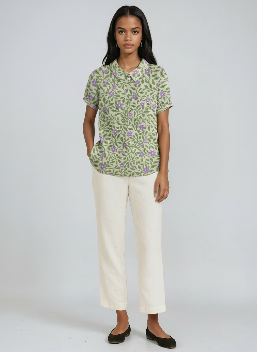 Bluse Damen mit Blumen-Print und Peter-Pan-Kragen – Colombe