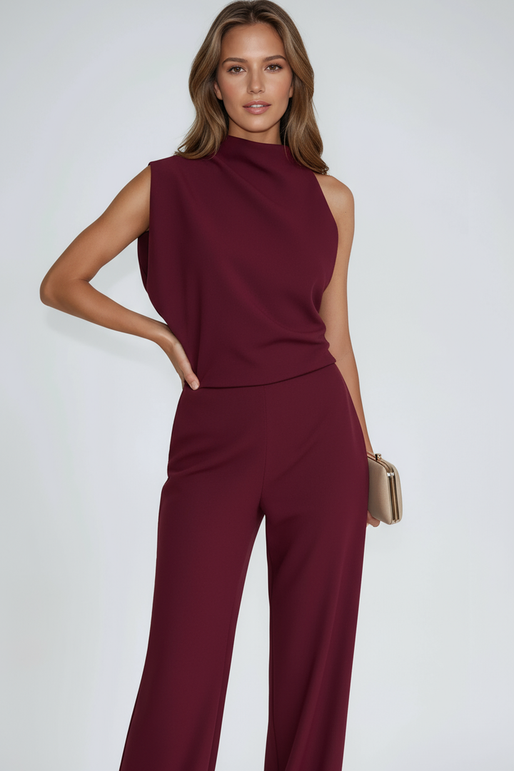 Saphirelle Stand-Collar Wide-Leg Jumpsuit — Burgundy