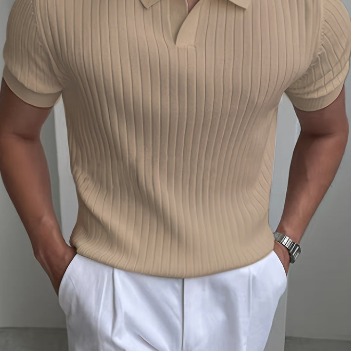 Men's Ribbed Polo Shirt with Open Collar - Relaxed Cotton Casual Polo — Khaki