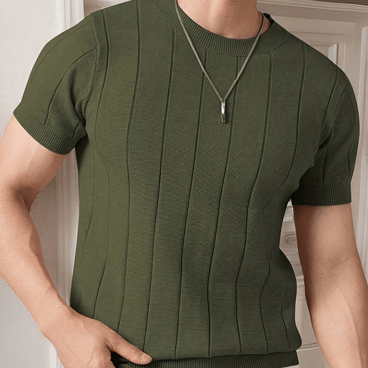 Men's Ribbed Knit Top with Short Sleeves - Casual Cotton Textured Tee — Army Green