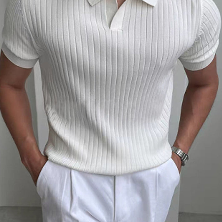 Men's Ribbed Polo Shirt with Open Collar - Relaxed Cotton Casual Polo — White