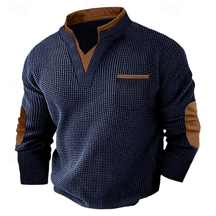 Men's Textured Long Sleeve Henley Shirt - Casual Cotton Layering Top — Navy Blue