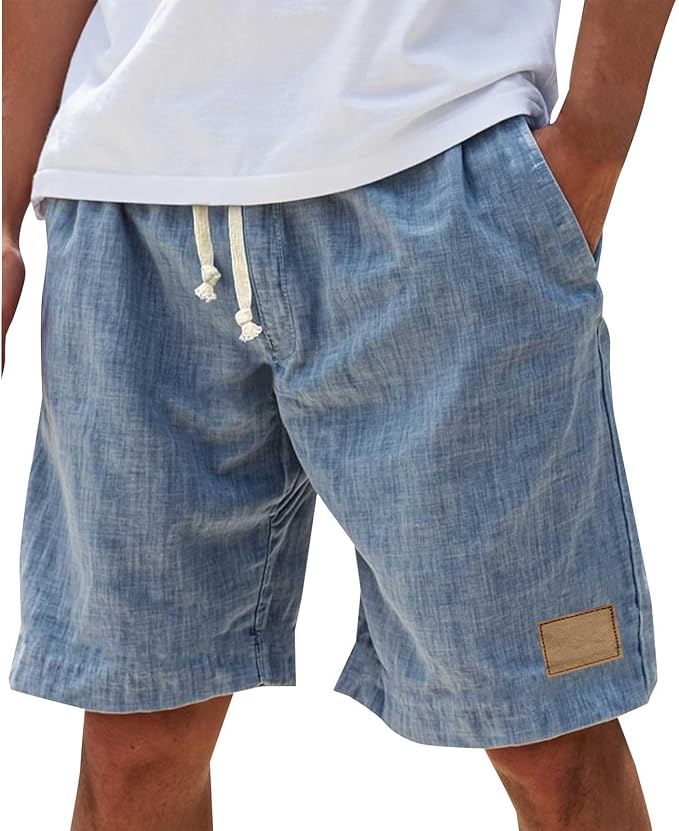 Men's Relaxed Linen Shorts with Elastic Waist - Comfortable Summer Shorts — Blue