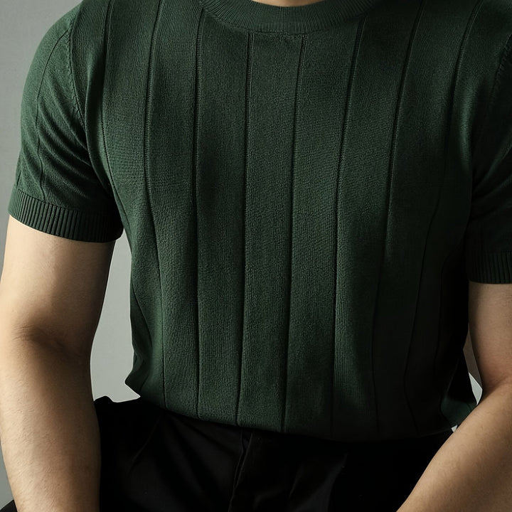 Men's Ribbed Knit Top with Short Sleeves - Casual Cotton Textured Tee — Olive Green