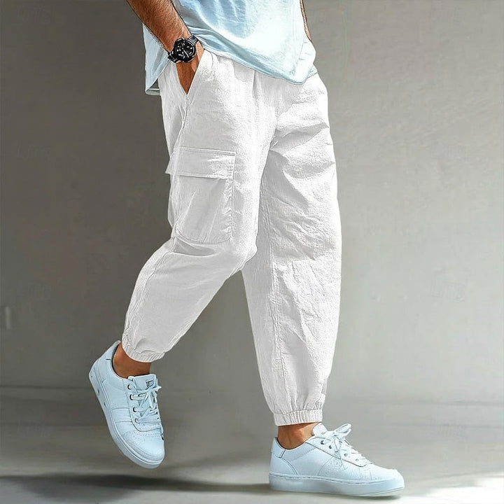 Men's Relaxed Cargo Trousers with Drawstring Waist - Casual Linen Utility Trousers — White