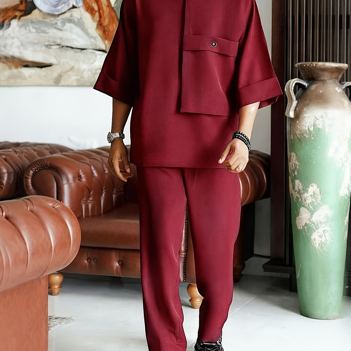 Men's Relaxed Two-Piece Cotton Set with Matching Trousers - Casual Coordinated Outfit — Red