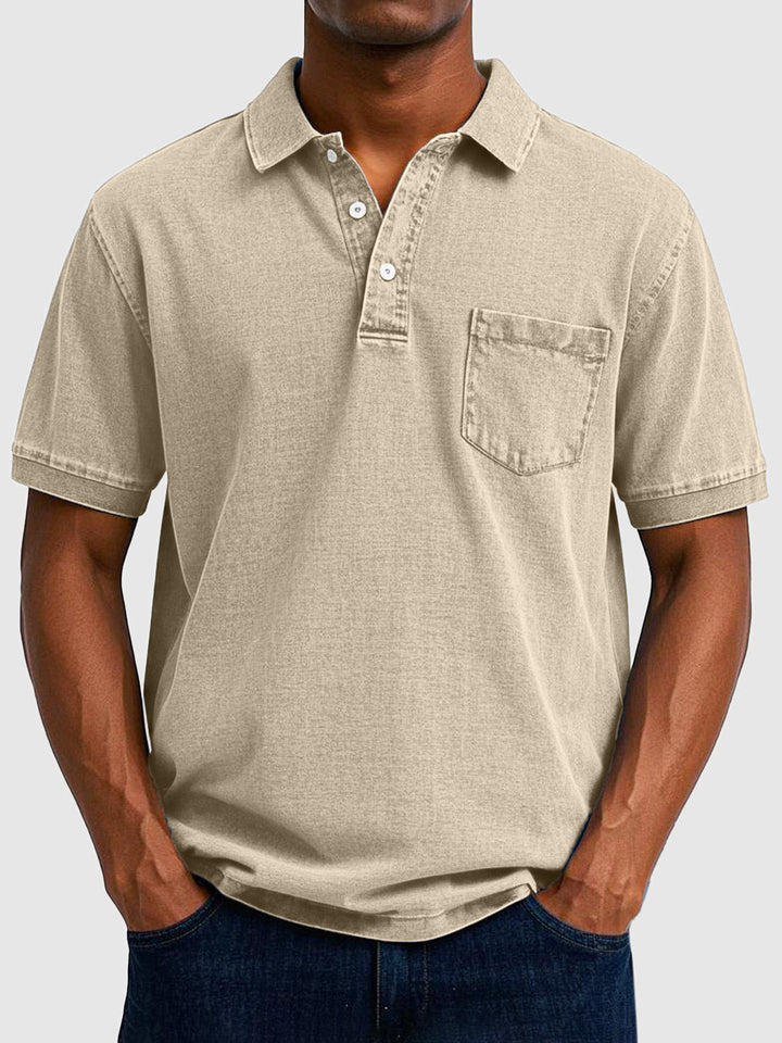 Men's Cotton-Denim Short Sleeve Polo with Ribbed Collar - Smart Casual Summer Shirt — Khaki