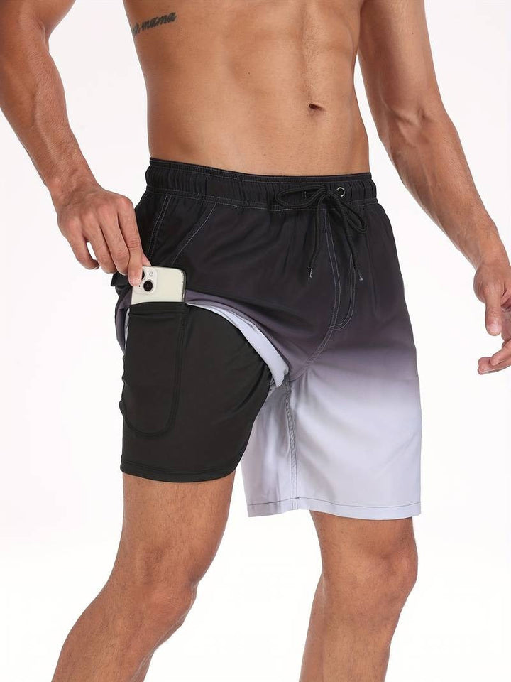 Men's Flamingo Print Swim Trunks with Elastic Waistband - Tropical Beach Shorts — Black