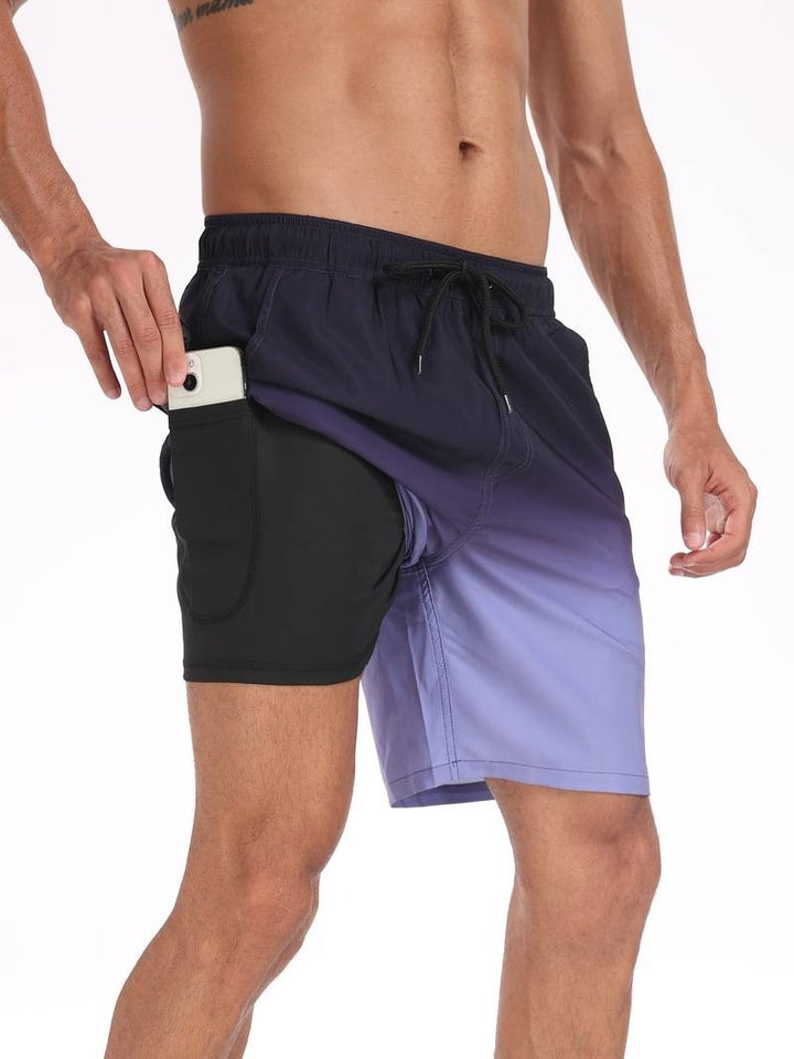 Men's Flamingo Print Swim Trunks with Elastic Waistband - Tropical Beach Shorts — Dark Purple